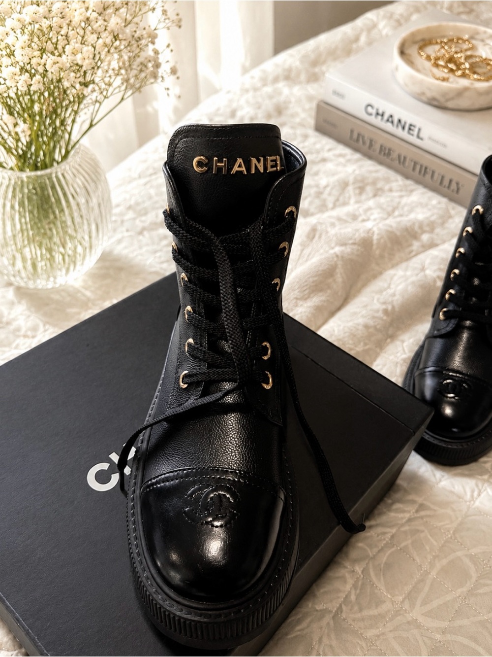 CHANEL Black Leather Lace-Up Combat Boots with Gold-Tone Eyelets - Picture 2 of 6